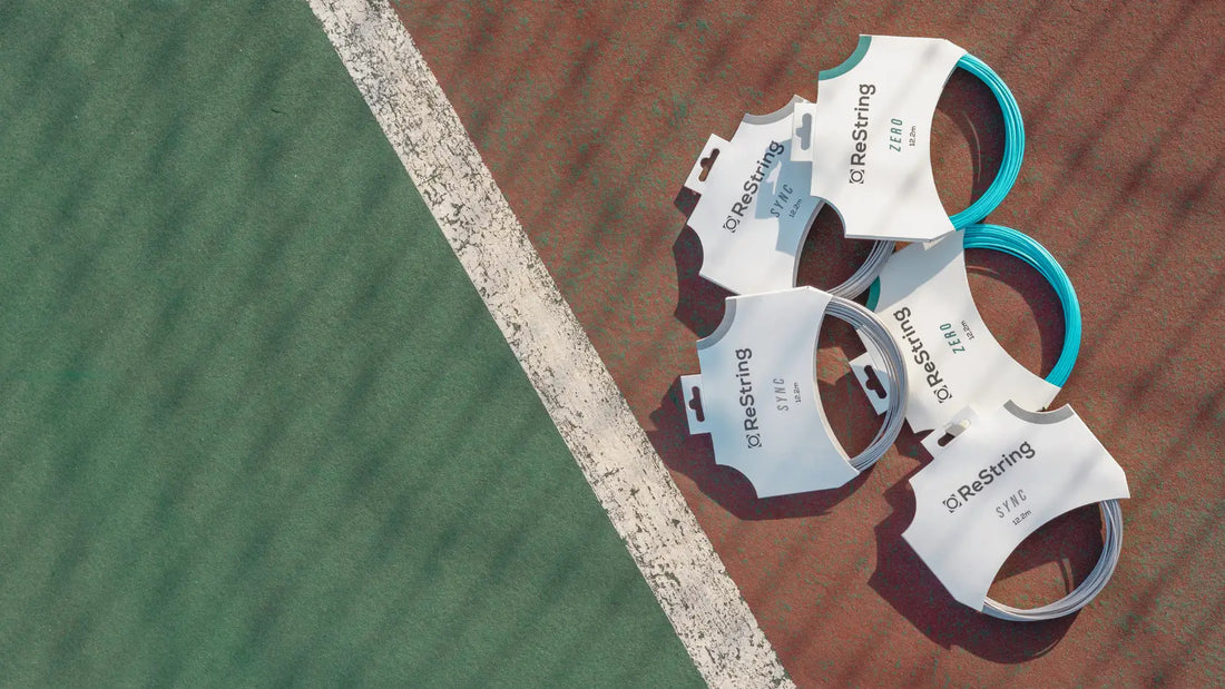 five co-poly tennis strings on tennis court