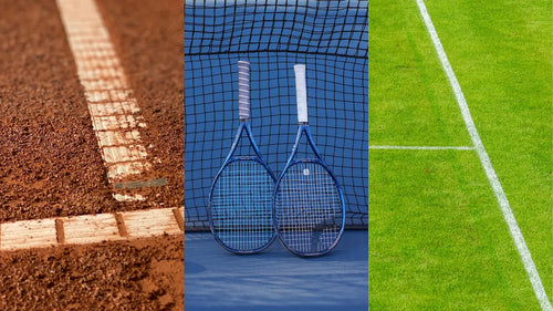 clay court next to hard court with two tennis racket next to grass court