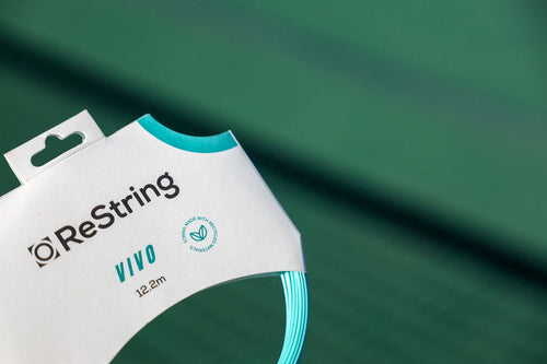 restring vivo recycled polyester tennis string in sustainable biodegradable paper packaging